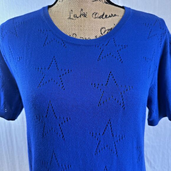 P.A.R.O.S.H. Women's Blue Star Short Sleeve Knit Cotton Sweater Sz L Italy - Picture 2 of 10